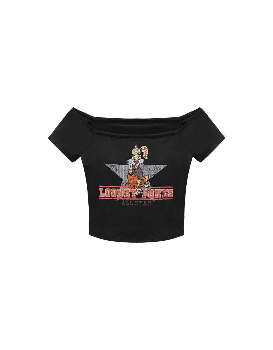 【樂一通】 一字領拉格蘭短袖斑駁印花短版TEE(附胸墊)