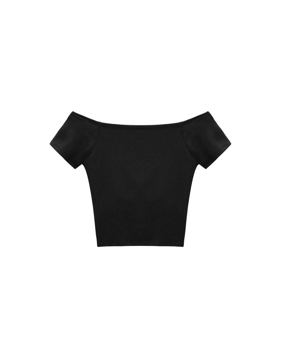 【樂一通】 一字領拉格蘭短袖斑駁印花短版TEE(附胸墊) 【樂一通】 一字領拉格蘭短袖斑駁印花短版TEE(附胸墊)