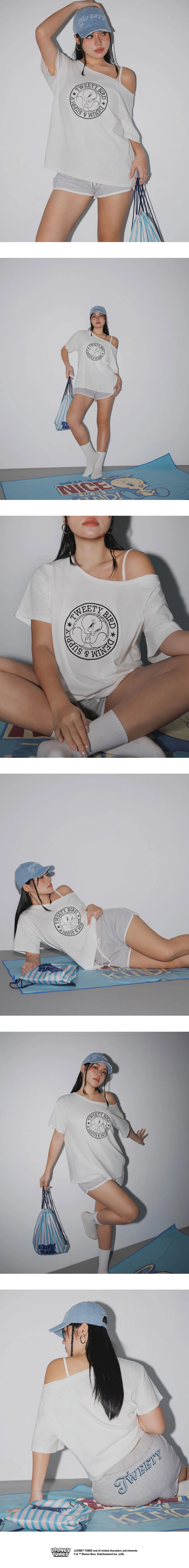 【樂一通】 崔弟款不對稱領印花鉚釘貼布繡短袖長版TEE