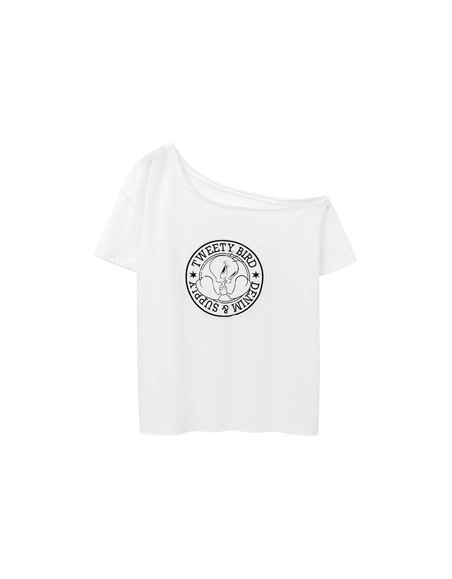 【樂一通】 崔弟款不對稱領印花鉚釘貼布繡短袖長版TEE