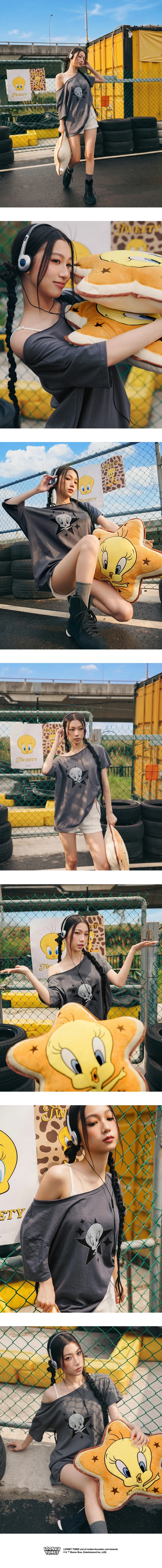 【樂一通】 崔弟款不對稱領印花鉚釘貼布繡短袖長版TEE 【樂一通】 崔弟款不對稱領印花鉚釘貼布繡短袖長版TEE