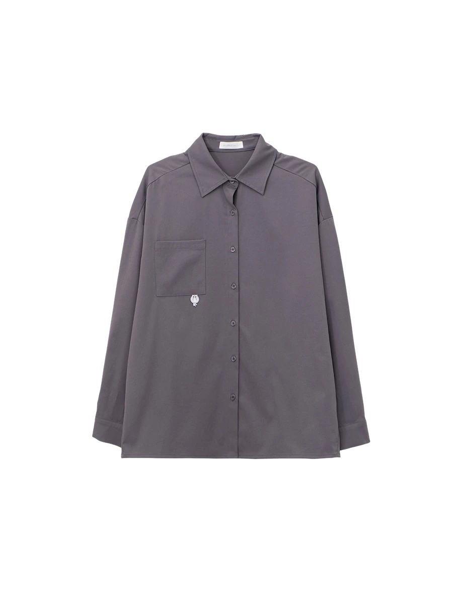 【樂一通】 崔弟款美背植絨圖案布章繡長袖長版斜紋襯衫