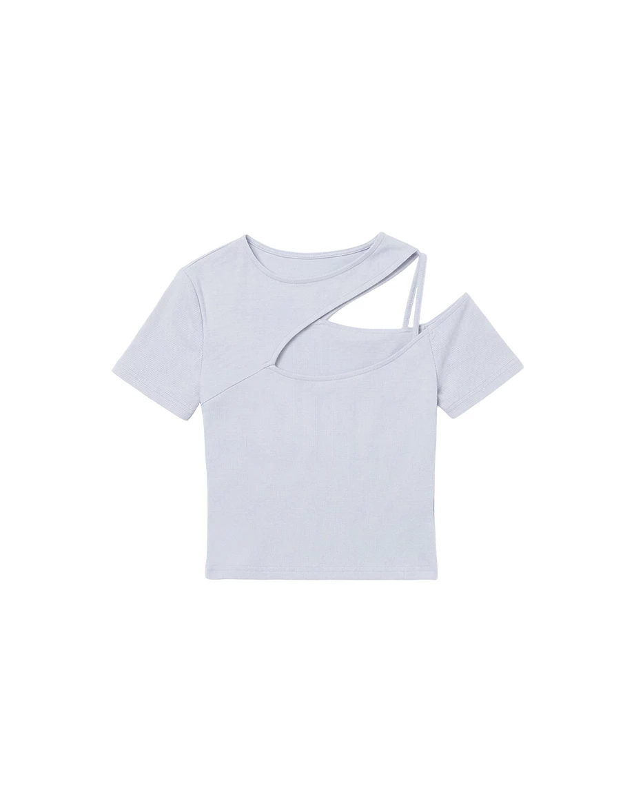 圓領單邊鏤空細肩帶短袖短版上衣(附胸墊)