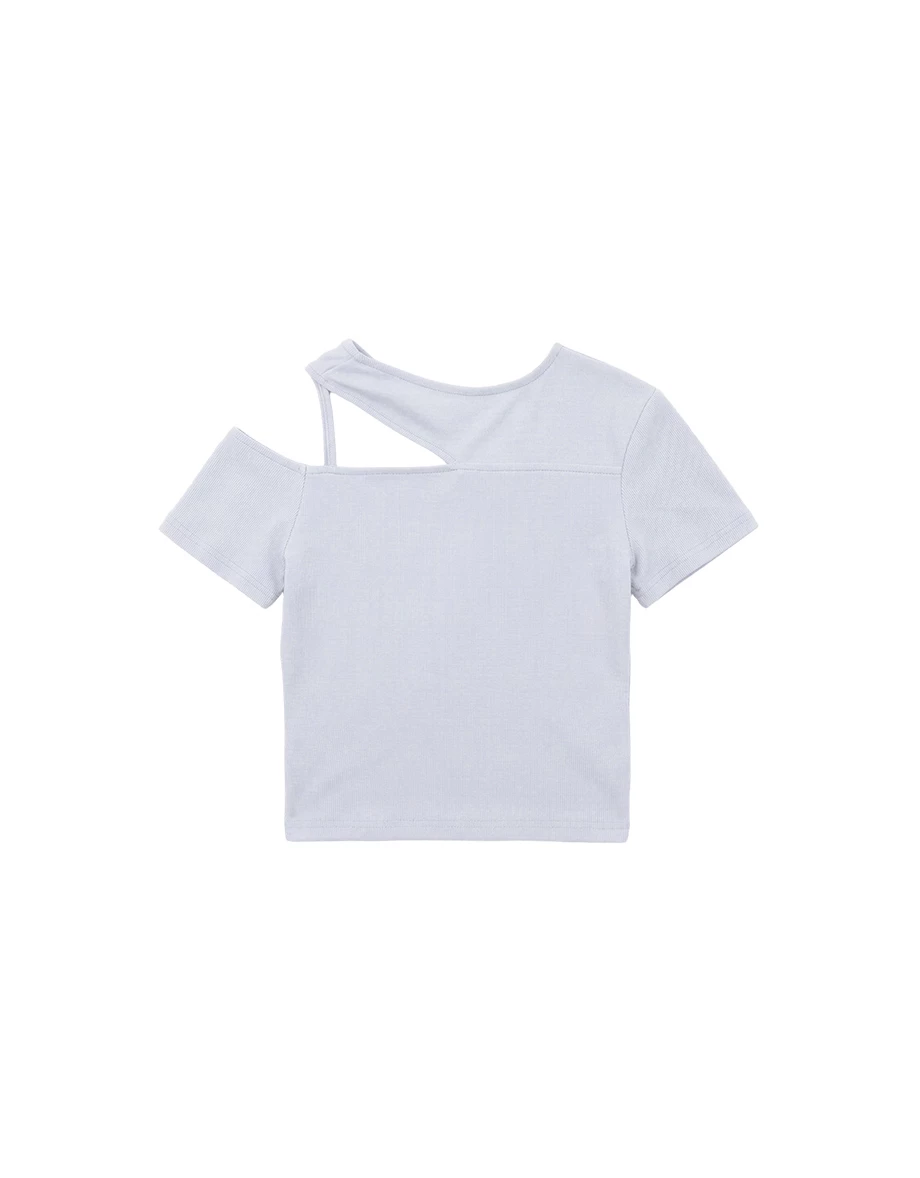 圓領單邊鏤空細肩帶短袖短版上衣(附胸墊)