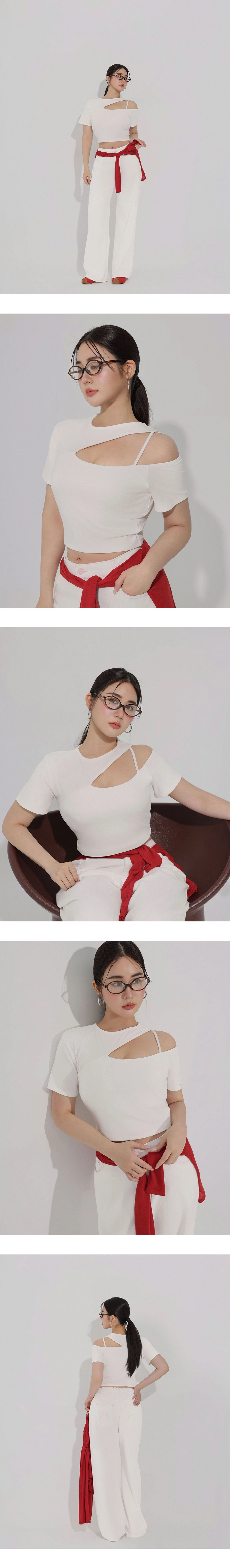 圓領單邊鏤空細肩帶短袖短版上衣(附胸墊)