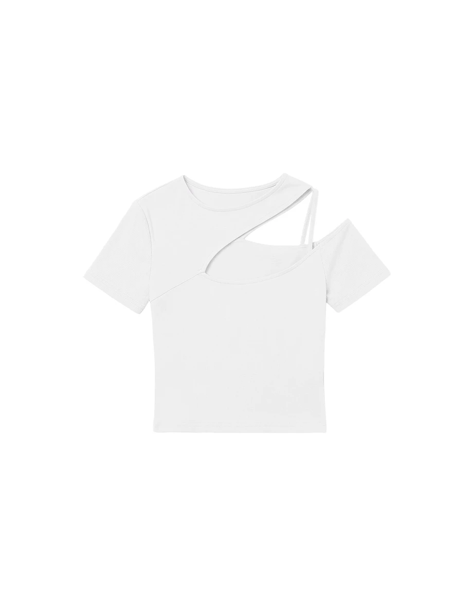 圓領單邊鏤空細肩帶短袖短版上衣(附胸墊)