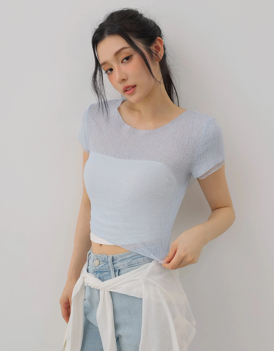 Round Neck Sheer Floral Lace Jacquard Crop Top
