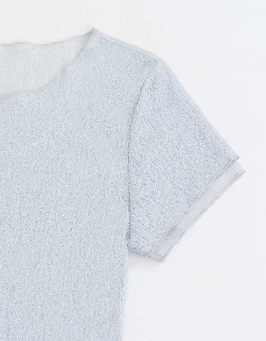 圓領雙層短袖花朵蕾絲透膚短版上衣