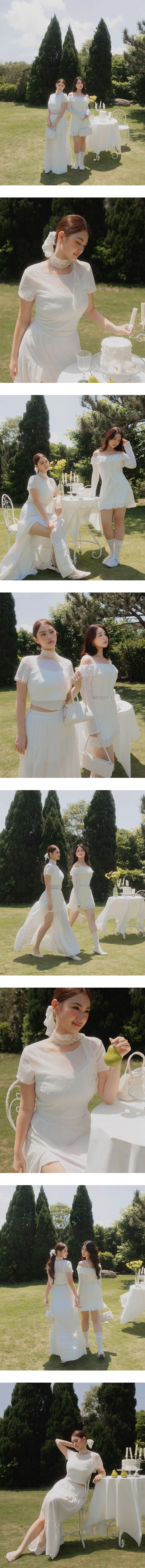 圓領雙層短袖花朵蕾絲透膚短版上衣