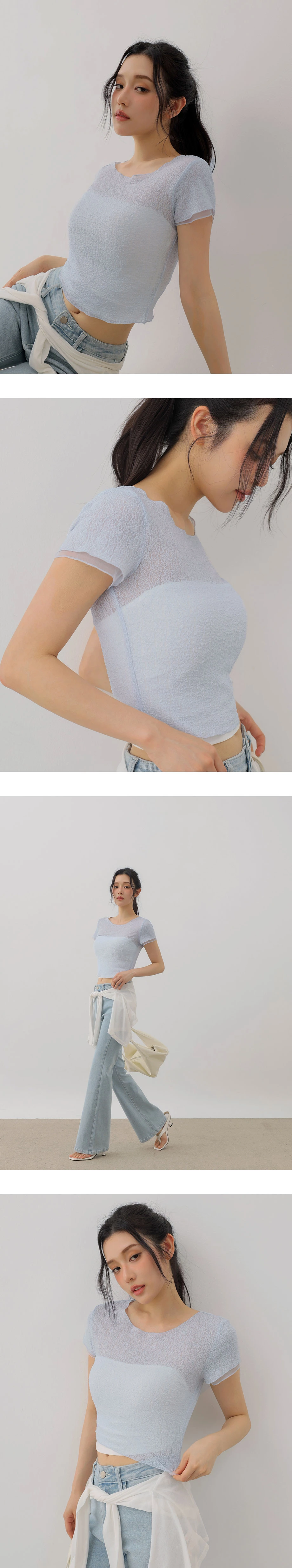 Round Neck Sheer Floral Lace Jacquard Crop Top