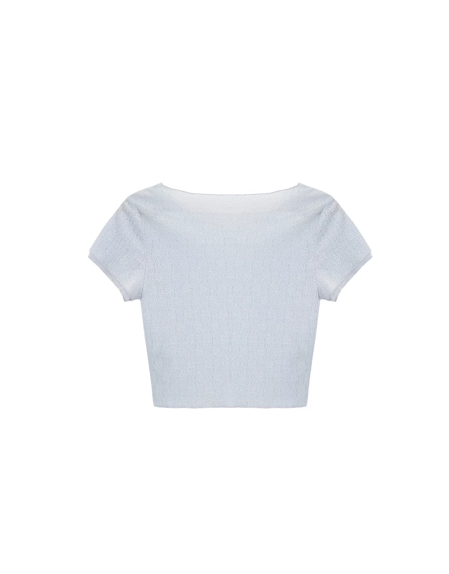 圓領雙層短袖花朵蕾絲透膚短版上衣