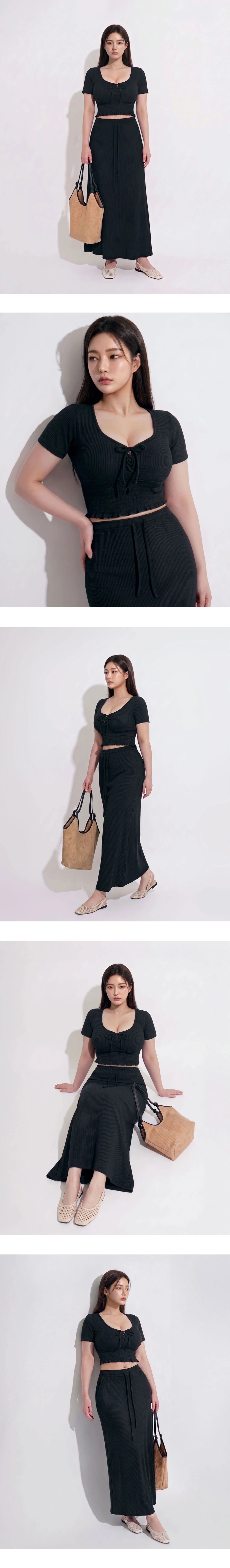 U領綁帶荷葉邊縮褶拼接羅紋短袖短版上衣