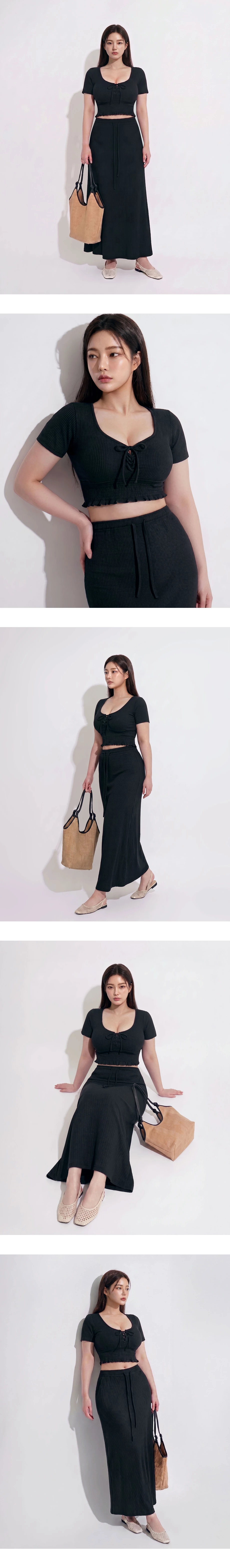 U領綁帶荷葉邊縮褶拼接羅紋短袖短版上衣