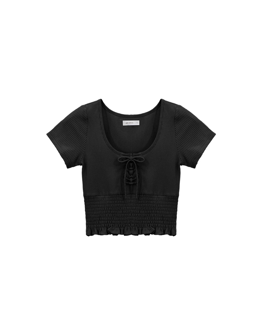 U領綁帶荷葉邊縮褶拼接羅紋短袖短版上衣