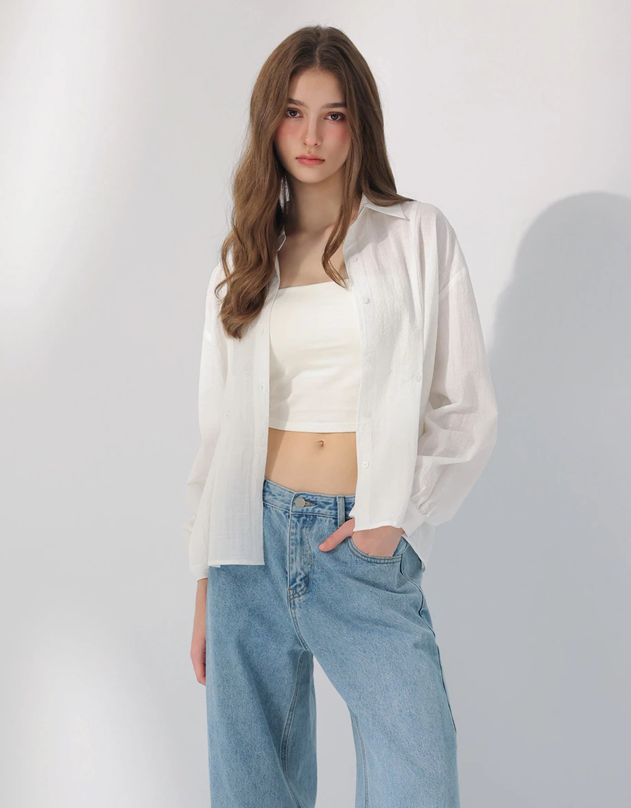 鈕扣抓褶後扭結透膚雪紡拼接線條紋理長袖襯衫