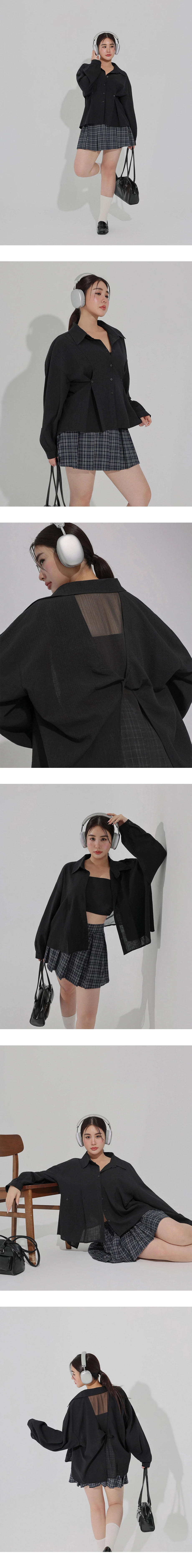 鈕扣抓褶後扭結透膚雪紡拼接線條紋理長袖襯衫