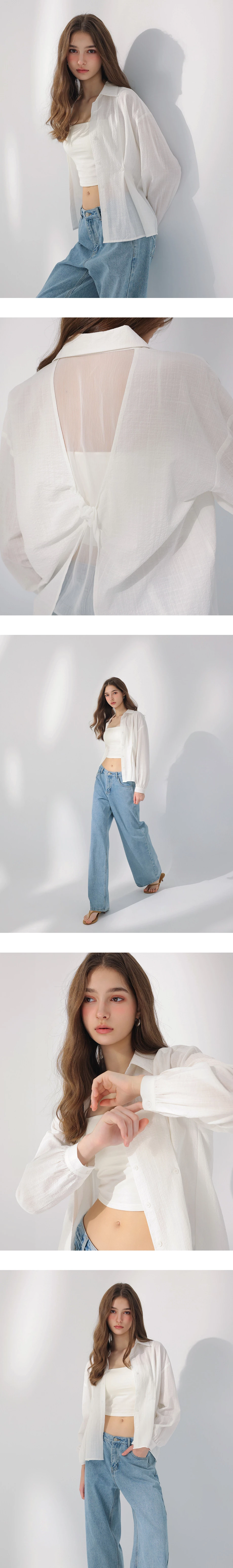 鈕扣抓褶後扭結透膚雪紡拼接線條紋理長袖襯衫