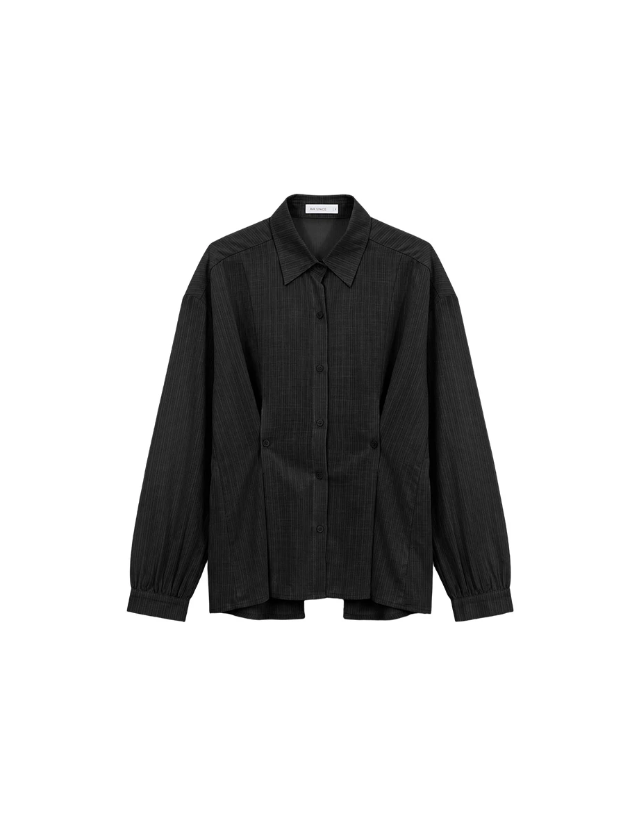 鈕扣抓褶後扭結透膚雪紡拼接線條紋理長袖襯衫