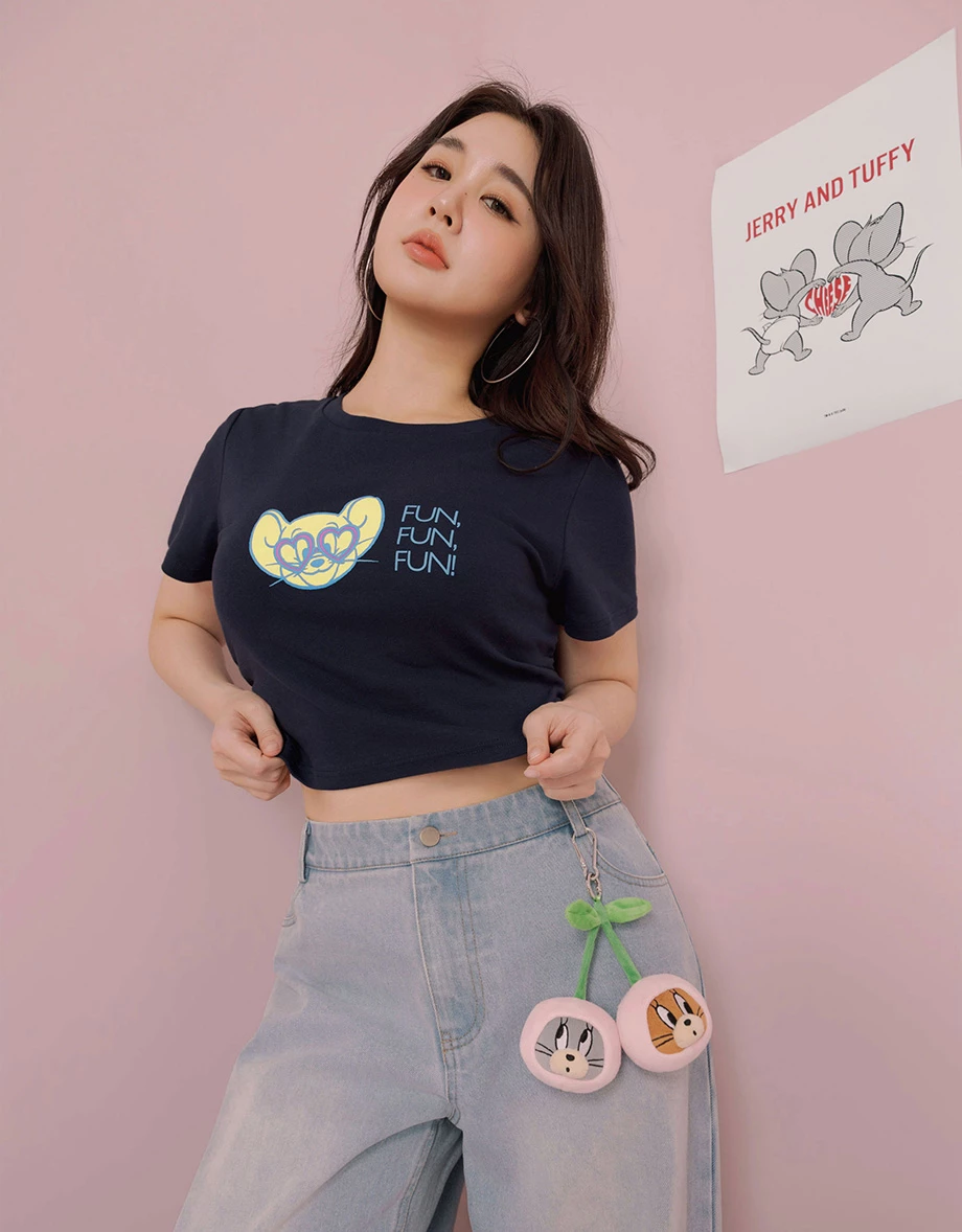 【湯姆貓與傑利鼠】 彩色印花圓領短袖短版TEE