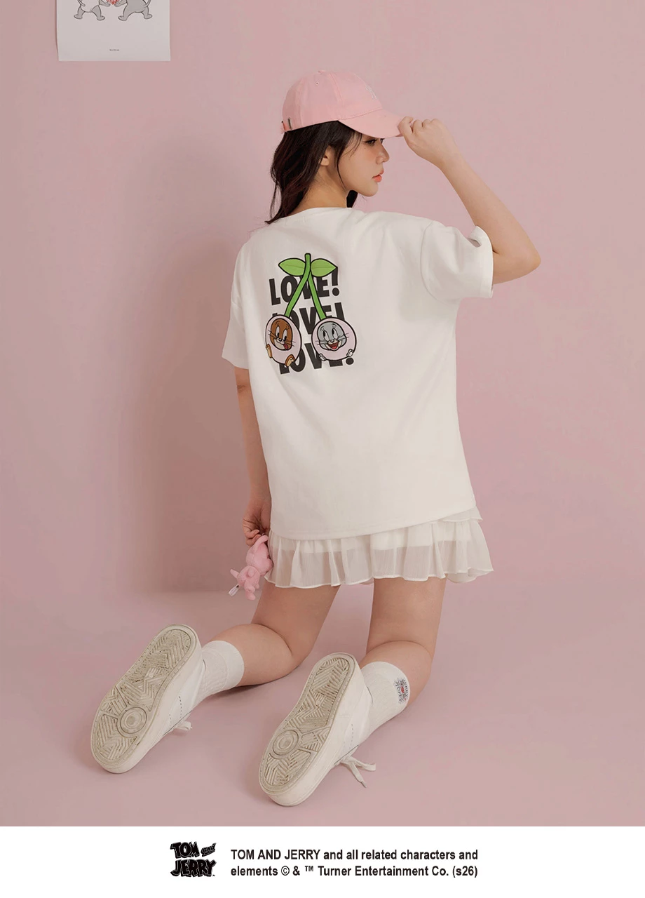 【湯姆貓與傑利鼠】 刺繡印花圓領短袖寬版TEE