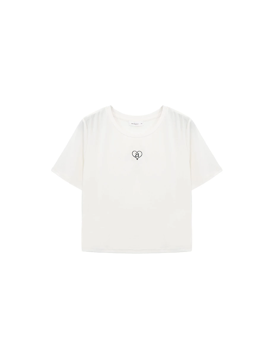 冰肌涼感 愛心字母刺繡圓領短袖短版TEE