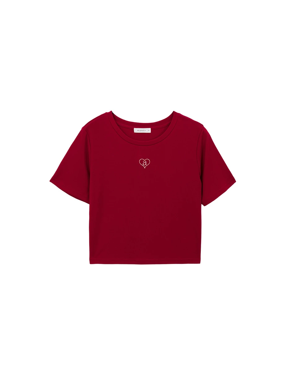 冰肌涼感 愛心字母刺繡圓領短袖短版TEE