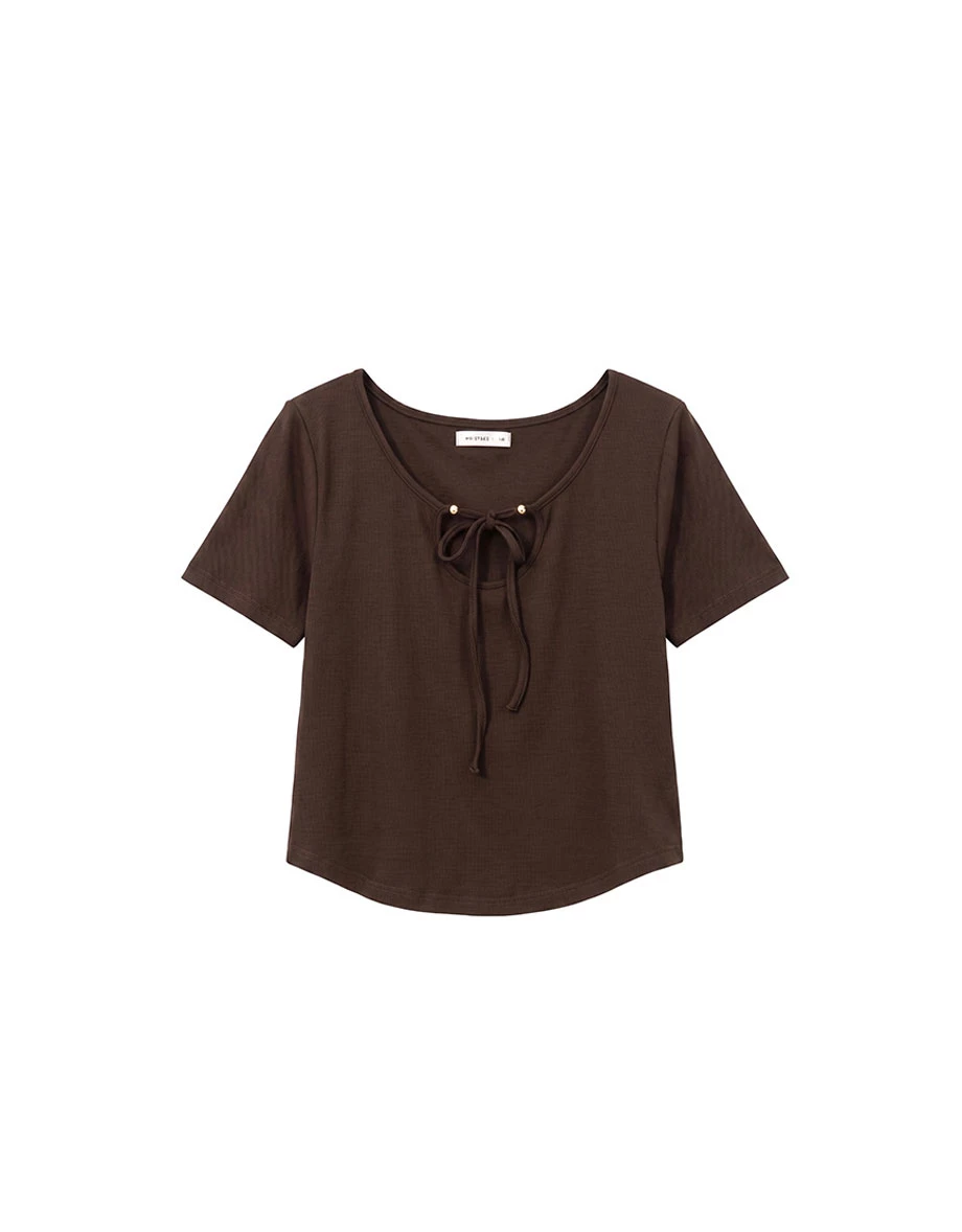 Multi Style Neckline Front Tie Ribbed Short Sleeve Top