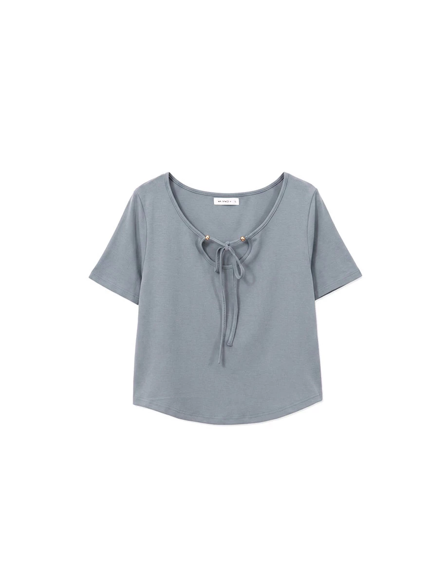 Multi Style Neckline Front Tie Ribbed Short Sleeve Top