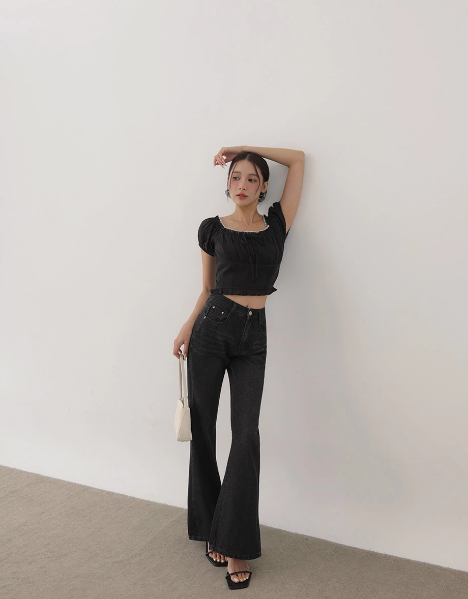 2WAY 法式方領撞色花邊綁帶澎袖荷葉下擺格紋上衣