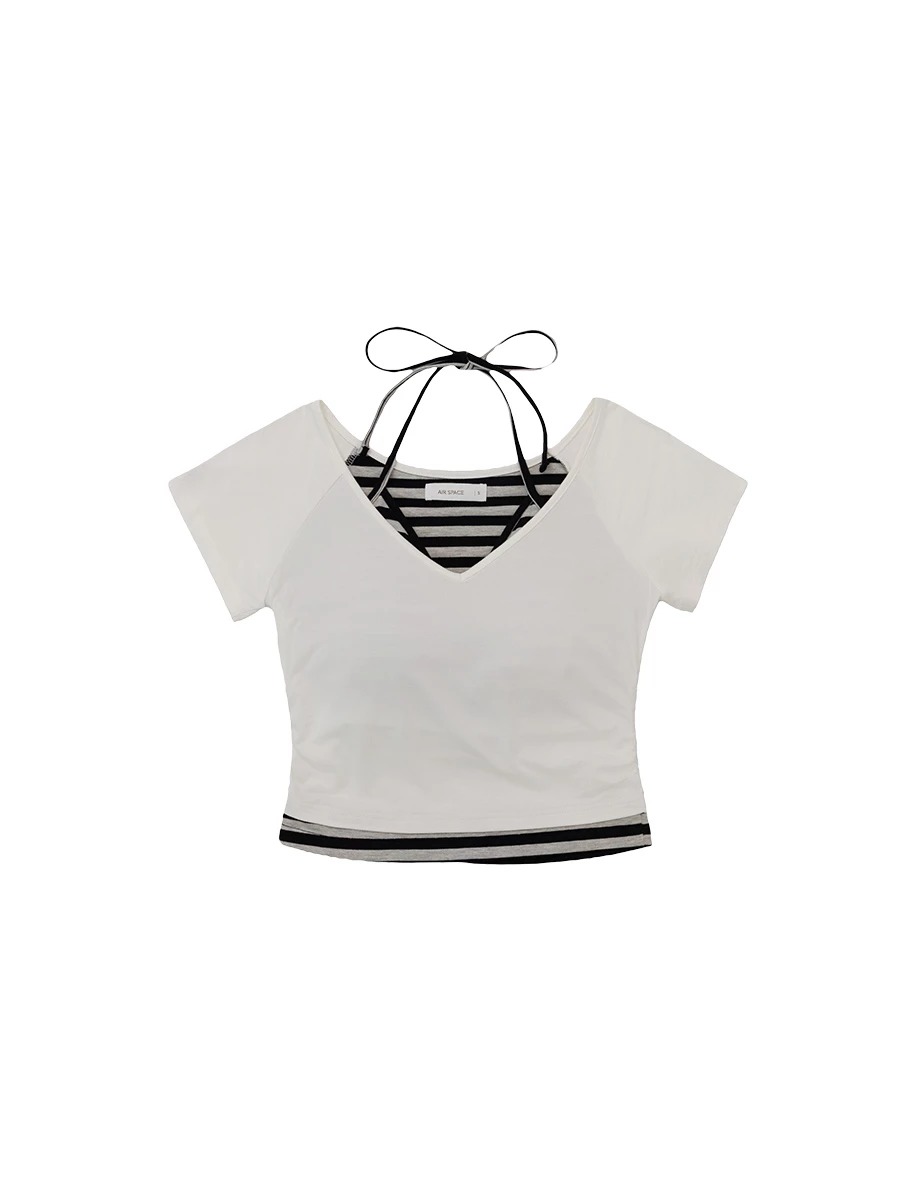 Faux 2 Piece Contrast Hem Stripe Halter Neck Side Ruched Padded Bra Top