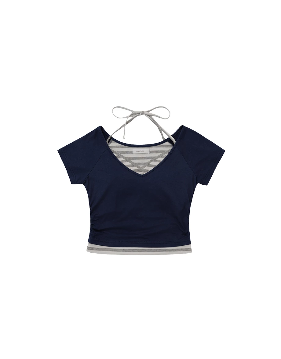 Faux 2 Piece Contrast Hem Stripe Halter Neck Side Ruched Padded Bra Top