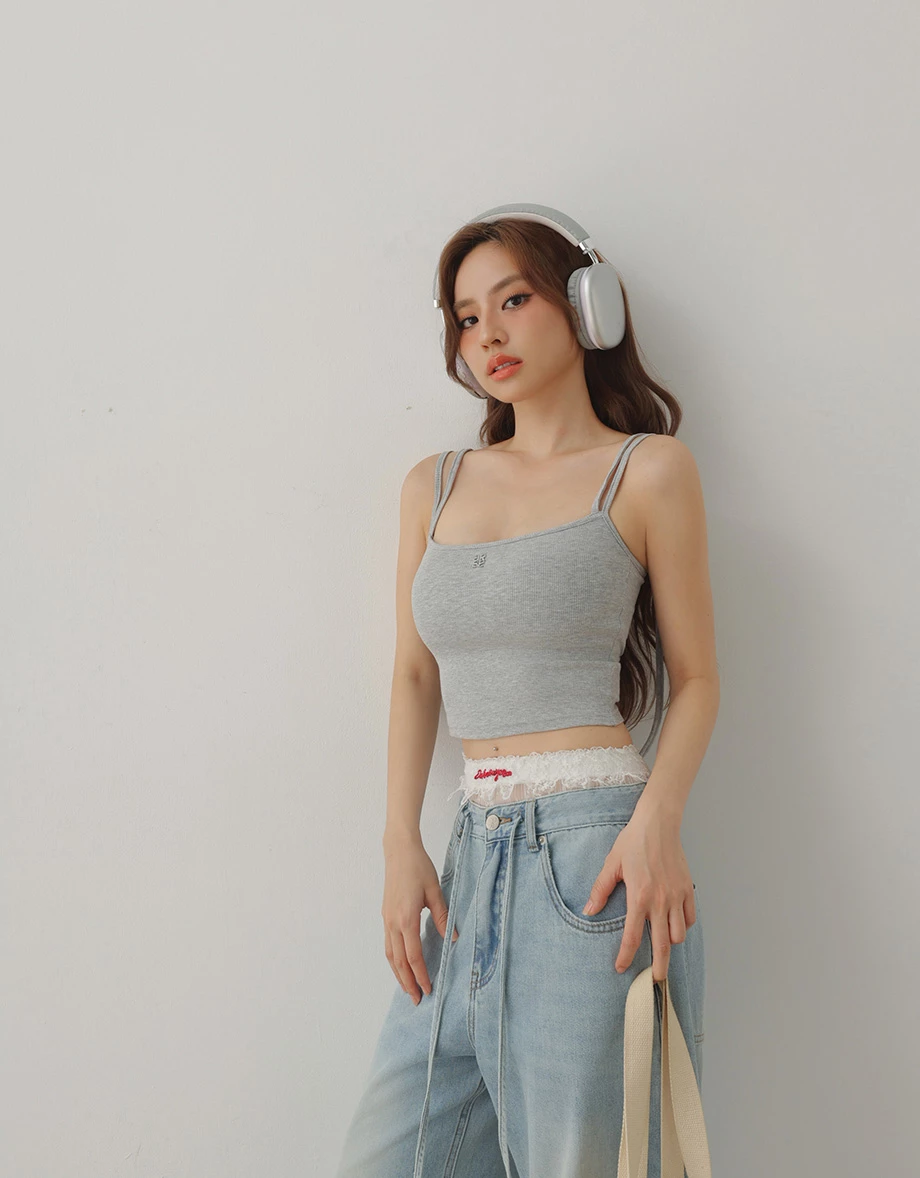 金屬LOGO多WAY綁帶細肩帶羅紋短版BRA背心