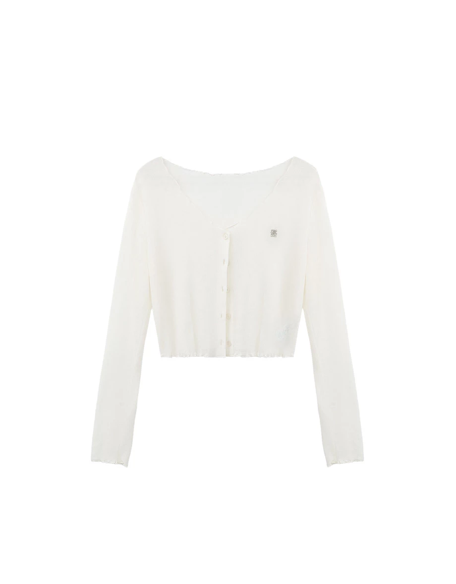 Lettuce Trim Sheer Knit V Neck Button Down Crop Cardigan