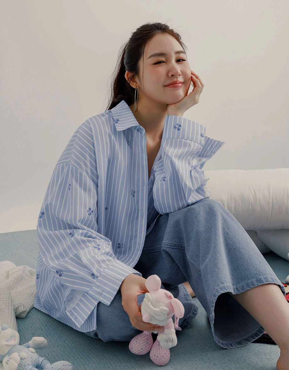 DISNEY MICKEY MOUSE - Striped Oversized Long Sleeve Button-down Shirt DISNEY MICKEY MOUSE - Striped Oversized Long Sleeve Button-down Shirt
