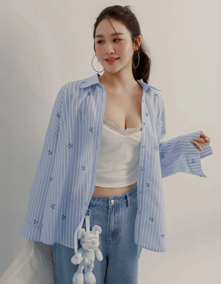 DISNEY MICKEY MOUSE - Striped Oversized Long Sleeve Button-down Shirt
