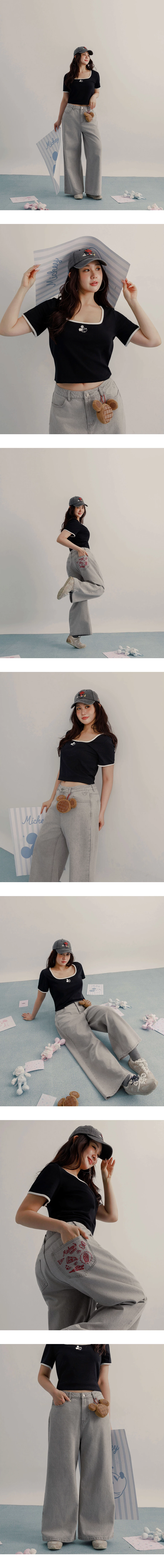 DISNEY MICKEY MOUSE - Embroidered Square Neck Crop Top DISNEY MICKEY MOUSE - Embroidered Square Neck Crop Top