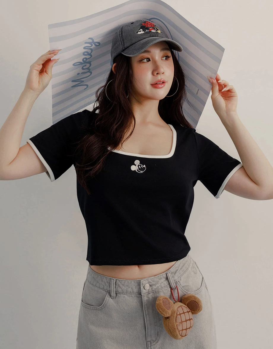 DISNEY MICKEY MOUSE - Embroidered Square Neck Crop Top DISNEY MICKEY MOUSE - Embroidered Square Neck Crop Top