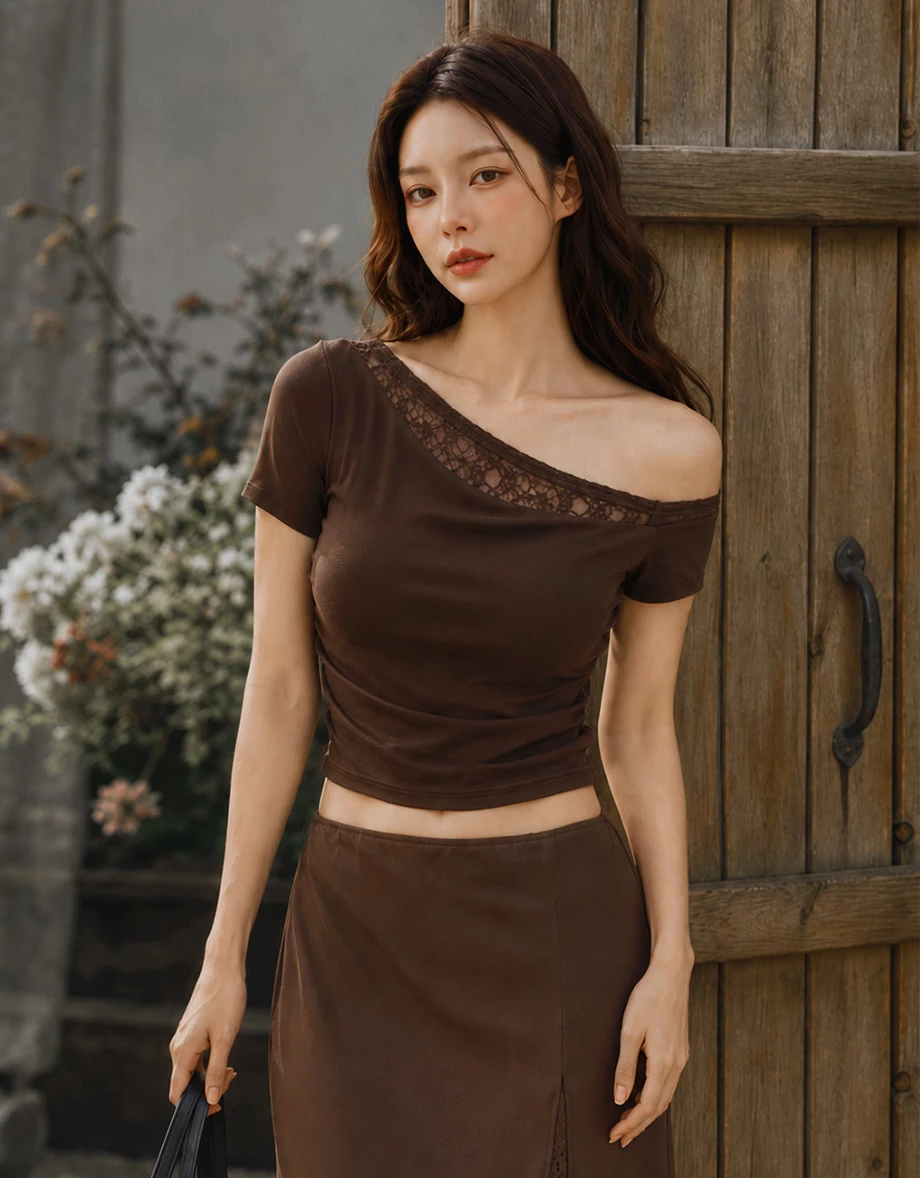 Asymmetric One Shoulder Lace Trim Ruched Padded Bra Top Asymmetric One Shoulder Lace Trim Ruched Padded Bra Top