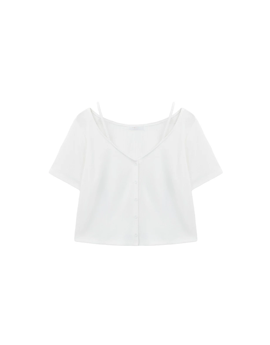 Double Strap V Neck Ribbed Button Front Crop Cardigan Top