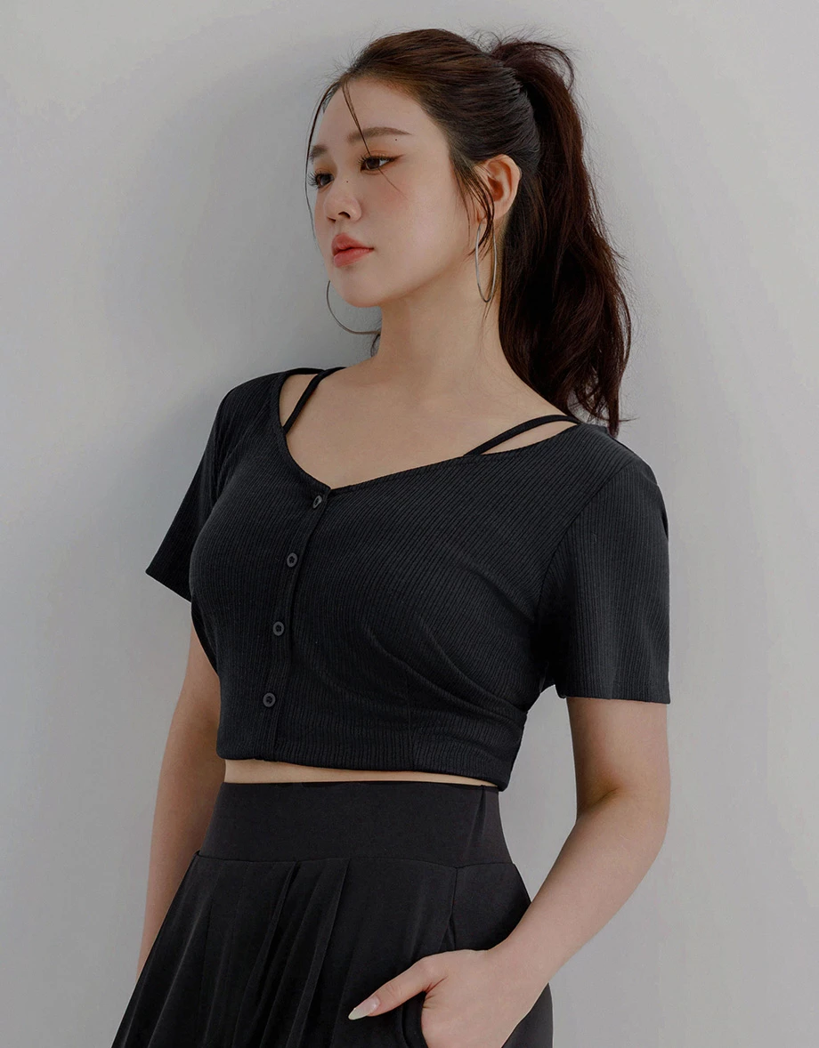 Double Strap V Neck Ribbed Button Front Crop Cardigan Top