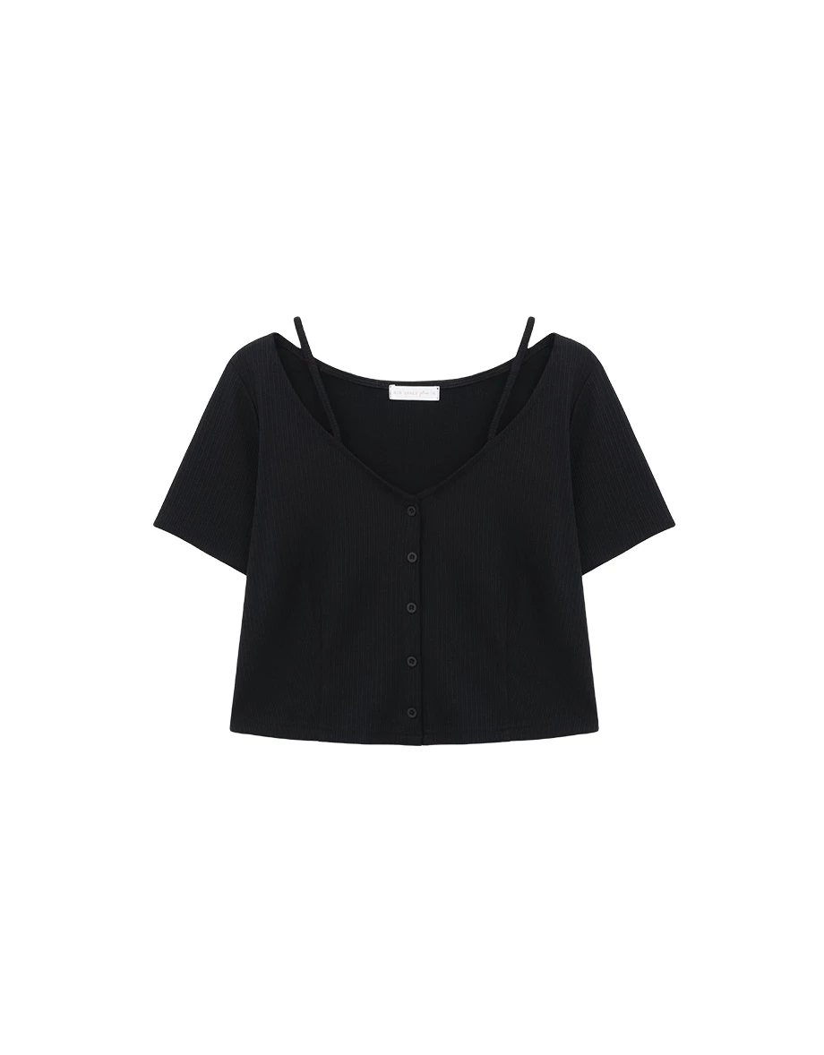 Double Strap V Neck Ribbed Button Front Crop Cardigan Top Double Strap V Neck Ribbed Button Front Crop Cardigan Top