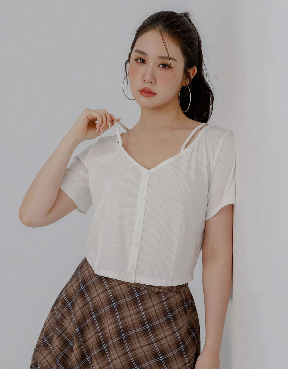 Double Strap V Neck Ribbed Button Front Crop Cardigan Top
