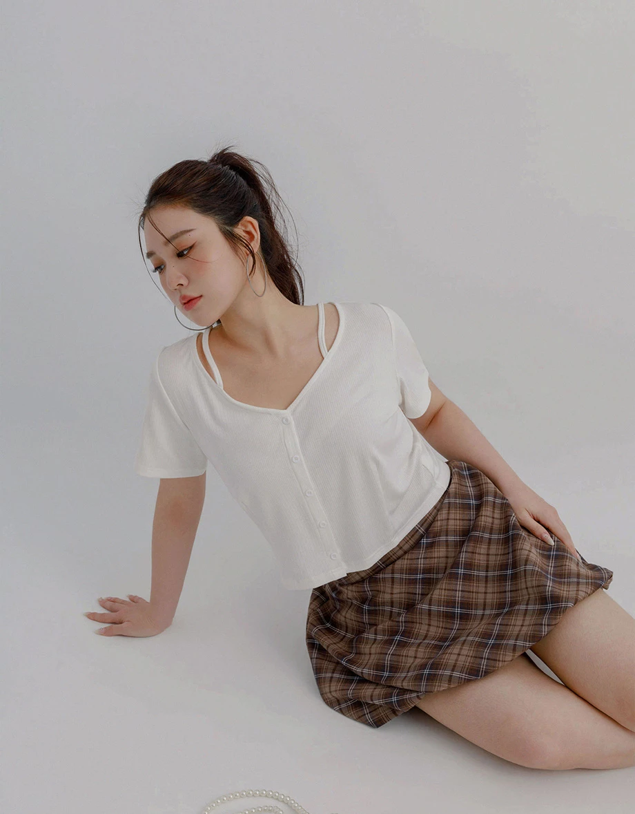 Double Strap V Neck Ribbed Button Front Crop Cardigan Top