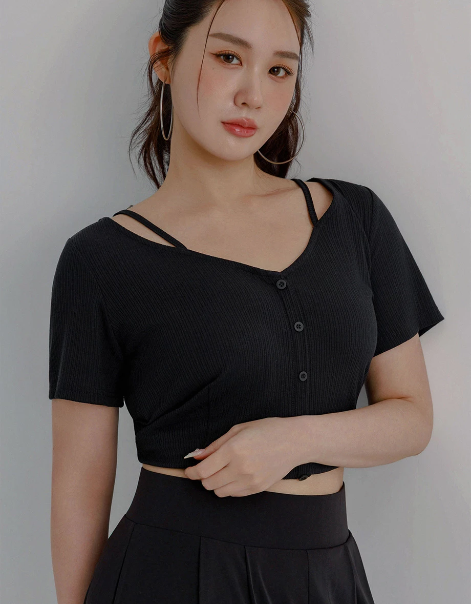 Double Strap V Neck Ribbed Button Front Crop Cardigan Top