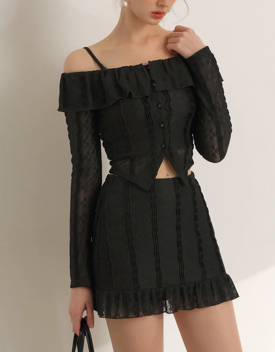 刺繡蕾絲荷葉花邊下擺修身短裙