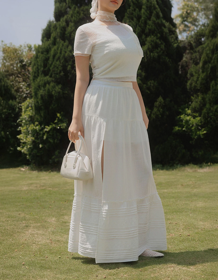 側開衩線條織紋拼接刺繡蕾絲蛋糕長裙