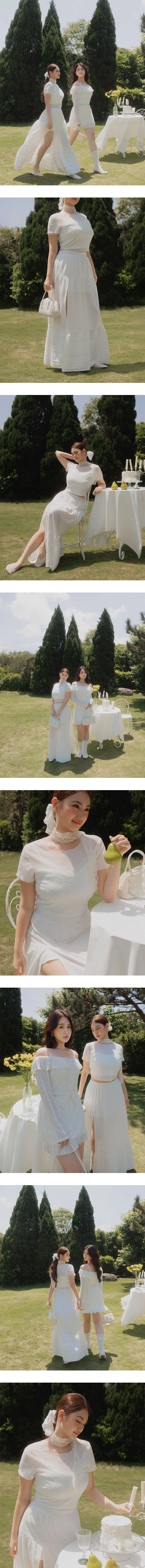 側開衩線條織紋拼接刺繡蕾絲蛋糕長裙