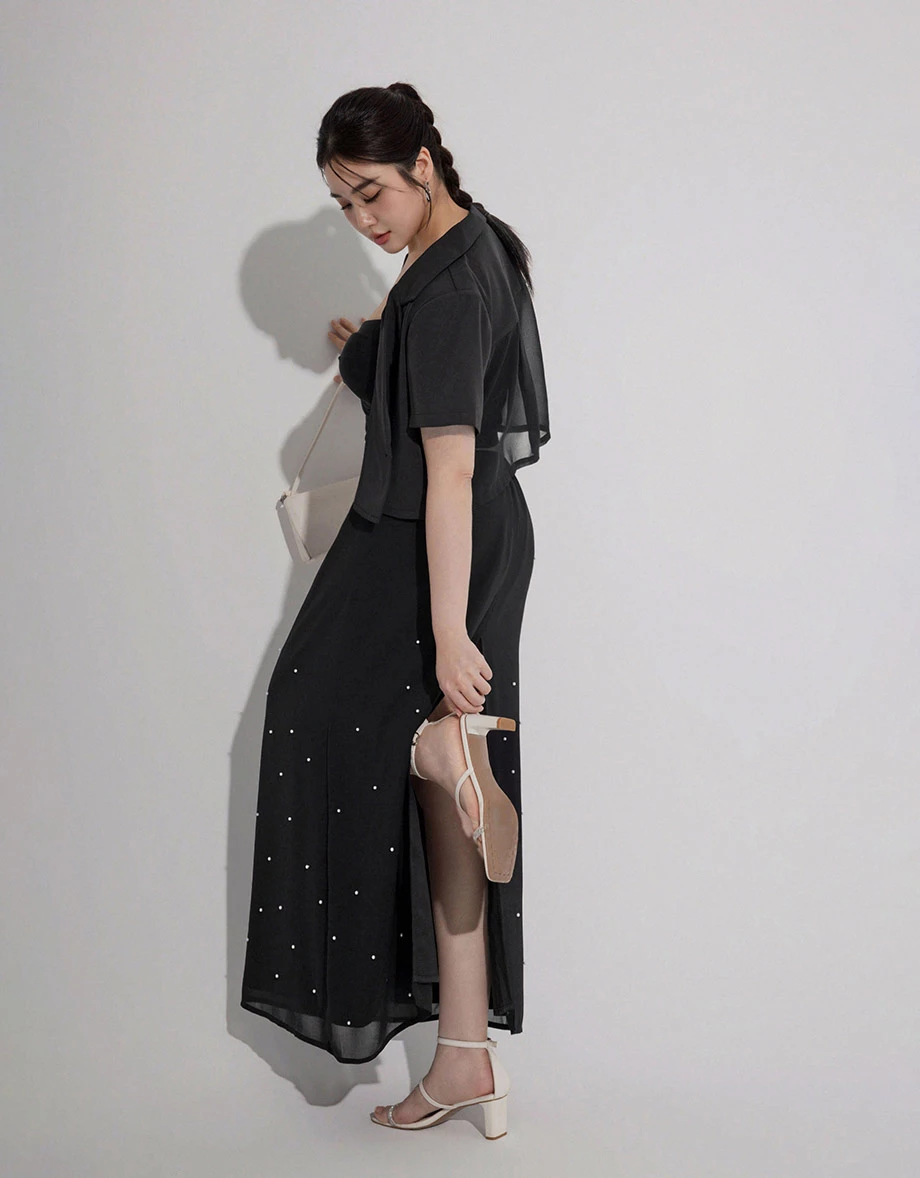 【ANN Design】Pearl Embellished Chiffon Overlay Straight Maxi Dress 【ANN Design】Pearl Embellished Chiffon Overlay Straight Maxi Dress
