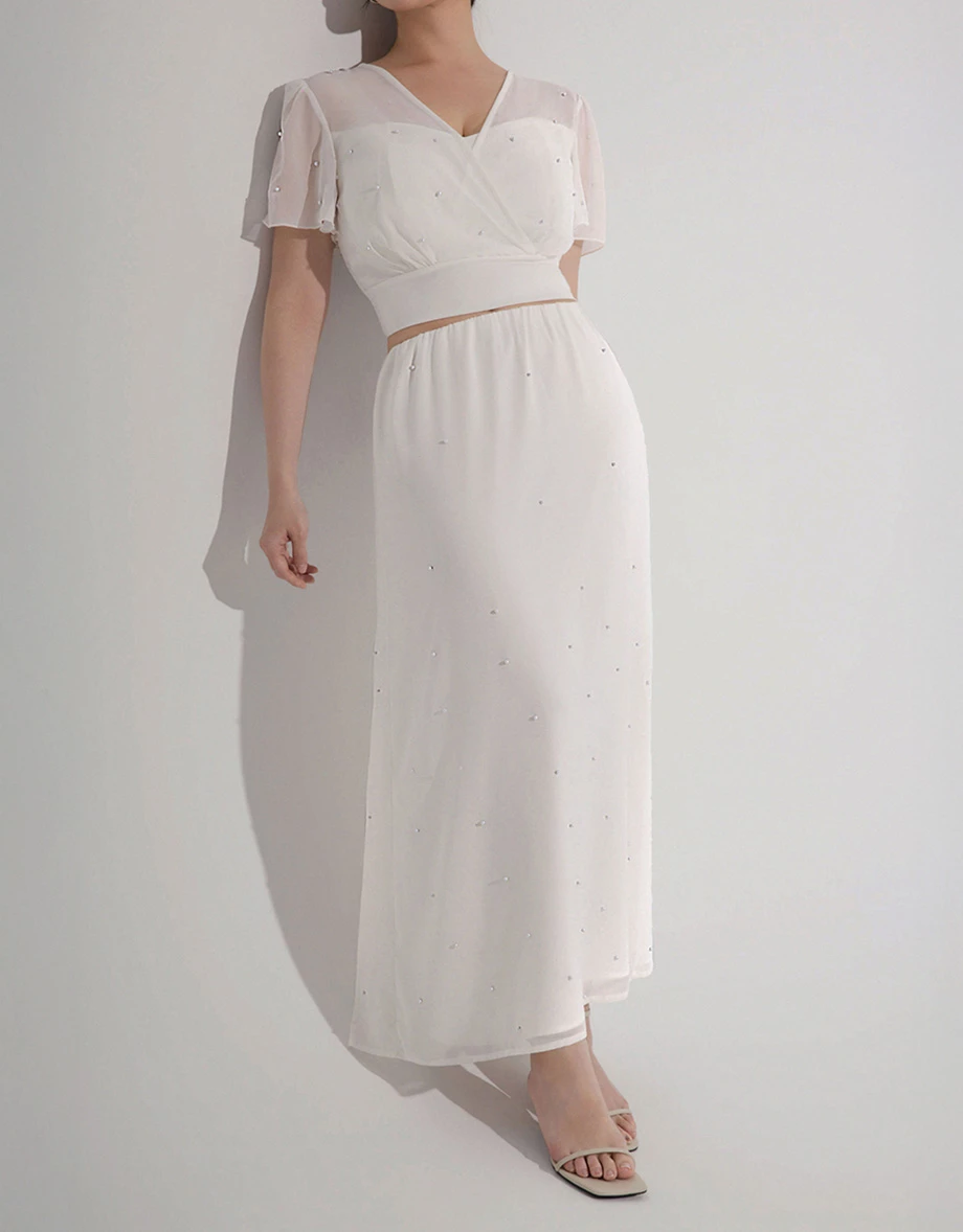 【ANN Design】Pearl Embellished Chiffon Overlay Straight Maxi Dress 【ANN Design】Pearl Embellished Chiffon Overlay Straight Maxi Dress