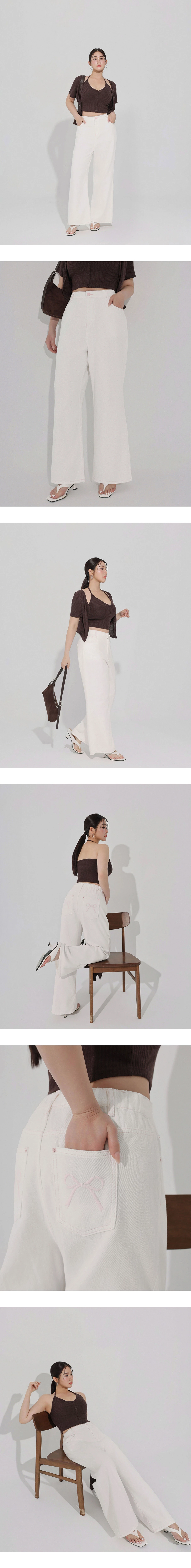 後口袋蝴蝶結刺繡斜紋直筒長褲